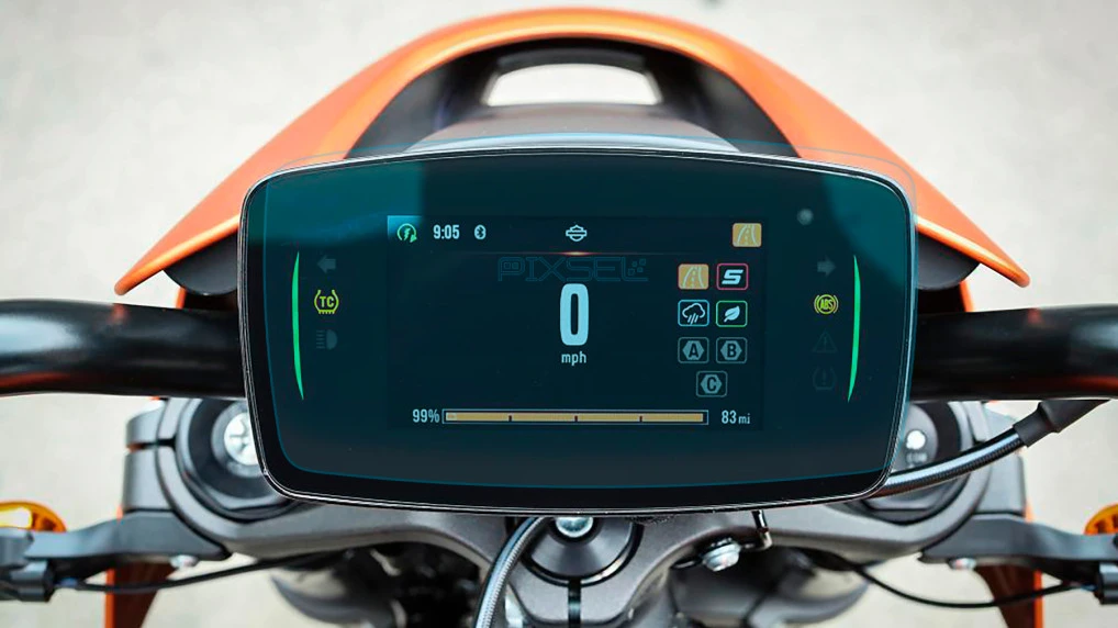 Protector de vidrio templado Pixsel en el velocímetro de la moto HARLEY-DAVIDSON 2020 LIVEWIRE FIRST STRIKE EDITION 7.5“
